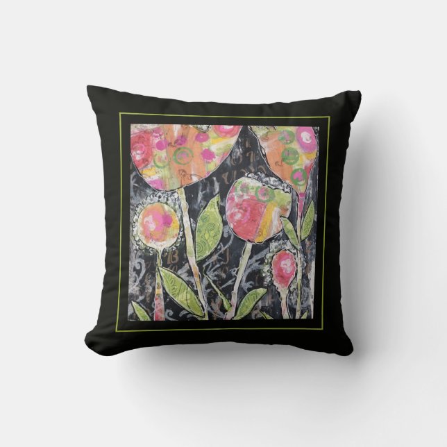 Coussin Throw Pillow - Mixed Media Flowers (Recto)