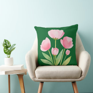 Coussin Throw Pillow Watercolor Spring Flowers on Green