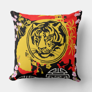 Coussin Tigre chinois traditionnel motif rouge