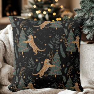 Coussin "Tigre de Noël Vintage avec arbre de Noël Noir