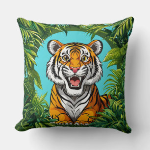 Coussin Tigre majestueux rugissant dans une jungle vibrant