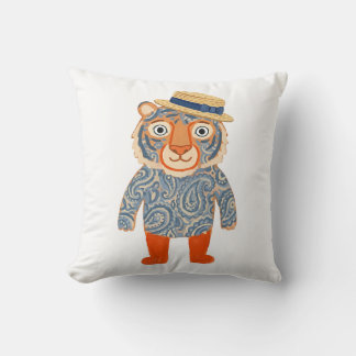 Coussin Tigre portant un chapeau de paille à tourbillon pa