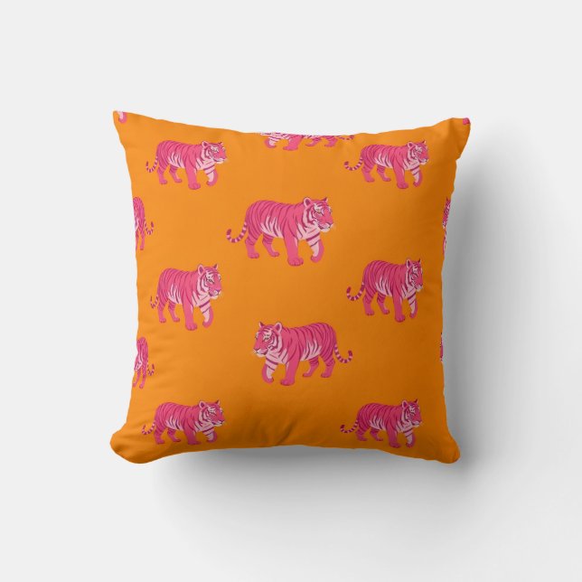Coussin Tigre rose chaud sur Motif orange gras (Recto)