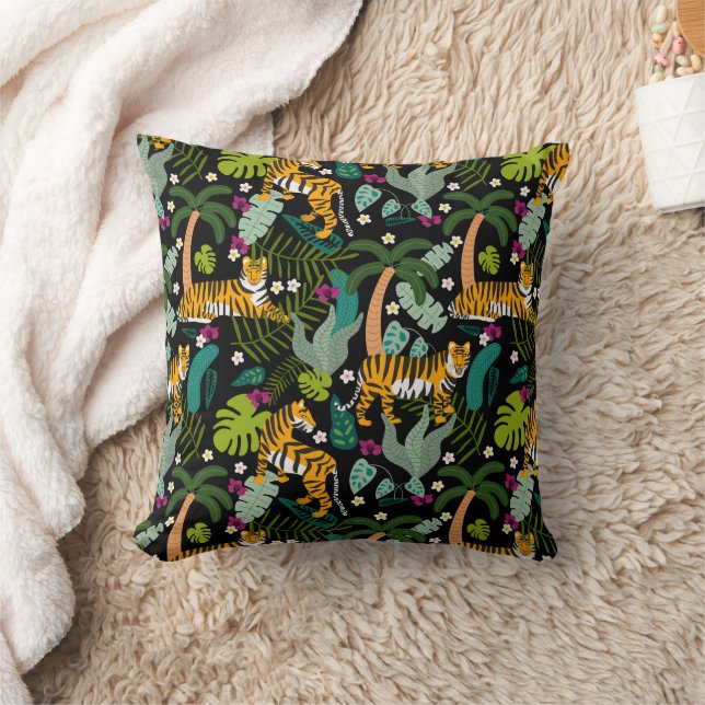 Coussin Tigre tropical Forêt botanique Noire Jungle Safari (Couverture)
