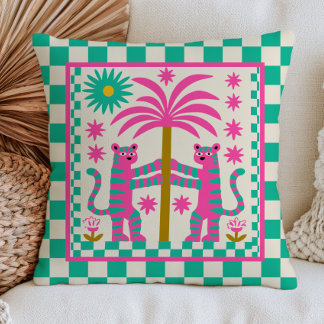 Coussin Tigres roses & Palmier Vert à carreaux Éclectique