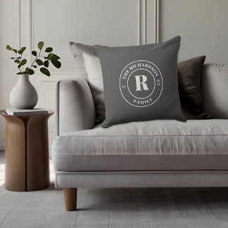 Coussin Timbre de la famille de monogrammes gris cendres m