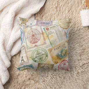 Coussin Timbre de passeport rustique motif voyage (8)