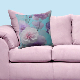 Coussin Tissu de fleurs en soie bleu tendre rose violet