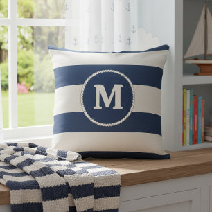 Coussin Tissu rayé nautique Monogramme Navy Blanc ID1248