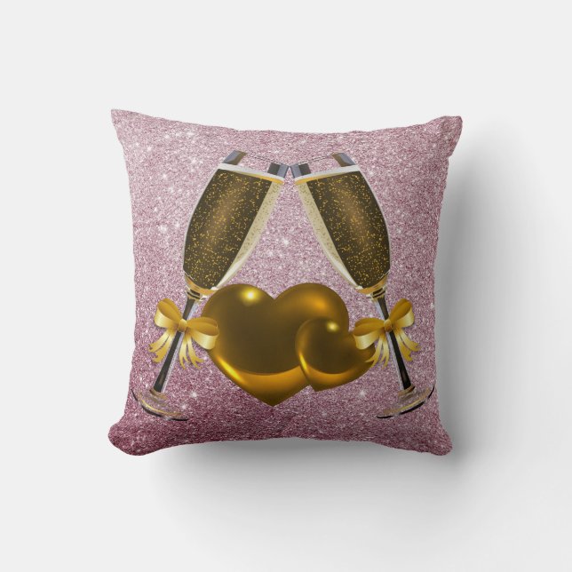 Coussin Toast Champagne Double Coeur Rose Parties scintill (Recto)