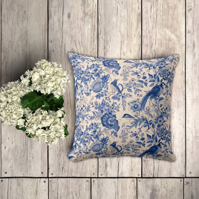 Coussin Toile Bleue de Jouy Fleurs et faisans (Créateur téléchargé)