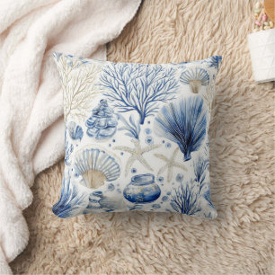 Coussin Toile Côtière Bleue Motif Corail Coquillage (3)