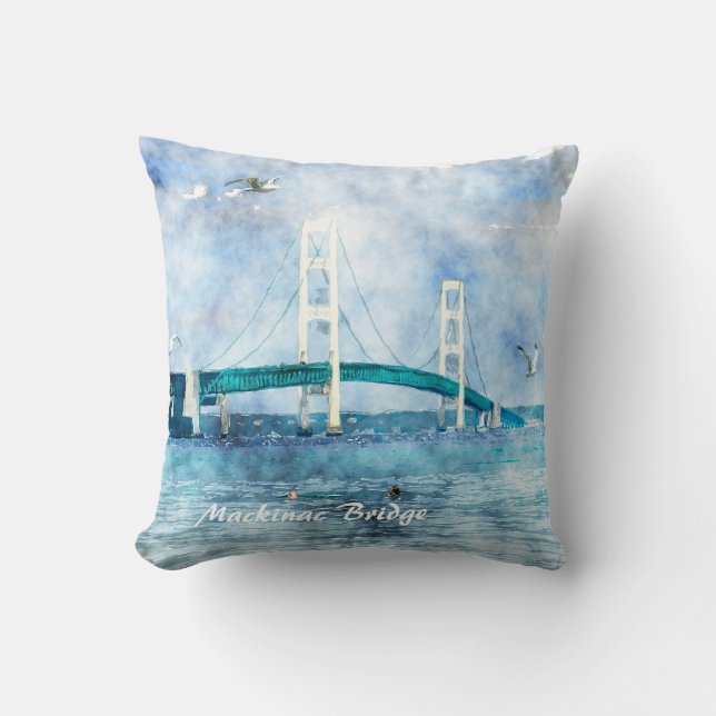 Coussin Toile d'aquarelle du pont Mackinac (Recto)