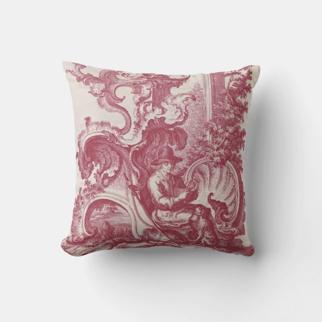 Coussin Toile de gravure antique rouge français minable (Recto)