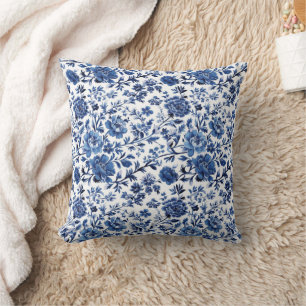 Coussin Toile de Jouy bleu blanc à motif floral aquarelle