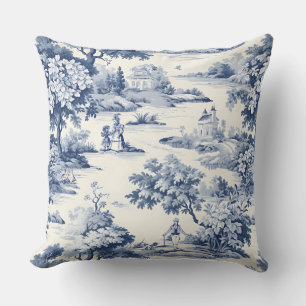 Coussin Toile de jouy, bleu et blanc, porcelaine,