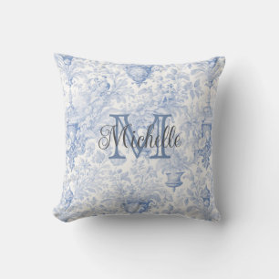Coussin Toile de Jouy bleu monogramme initiale nom