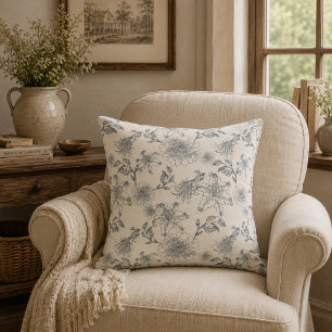 Coussin Toile de Jouy botanique oiseaux campagne rustique