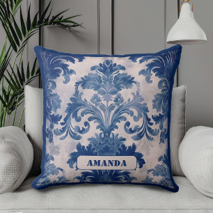 Coussin Toile de Jouy en bleu vintage avec monogramme dama