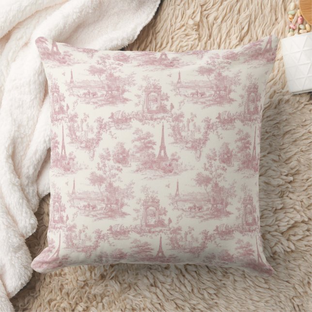 Coussin Toile de Jouy Romantique Rose Motif Campagne (3) (Couverture)