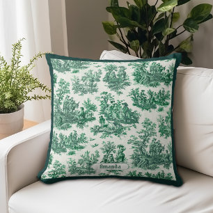 Coussin Toile de Jouy verte florale vintage monogramme
