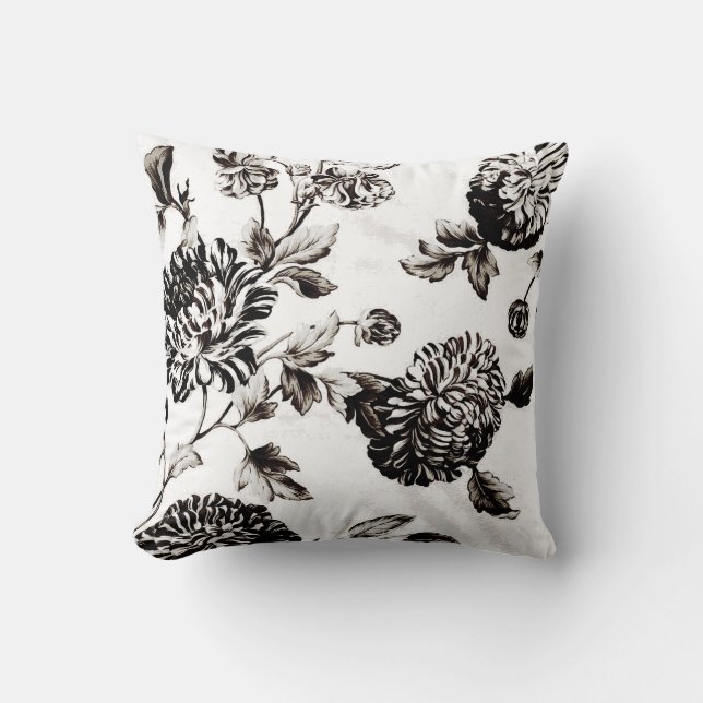 Coussin Toile florale de l'ancien blanc et noir n° 2 (Recto)