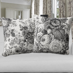 Coussin Toile Vintage Florale Noir & Blanc Gris