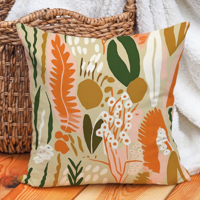 Coussin Tone Terre Olive Green Terra Cotta Orange Abstrait (Brown, orange, and green abstract decorator pillow)