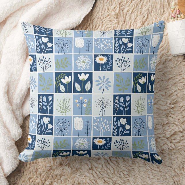 Coussin Tons Bleu, Blanc, Jaune Faux Patchwork (Couverture)