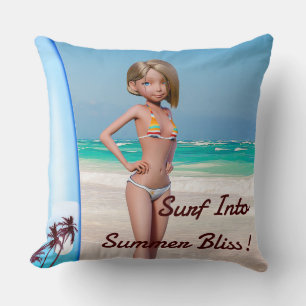 Coussin Toon Surfer Girl Posing sur le bord de mer