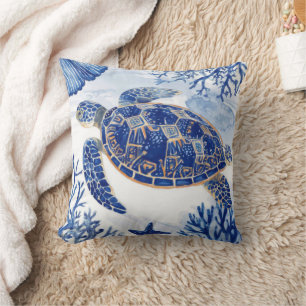 Coussin Tortue de mer à l'aquarelle Océan Bleu