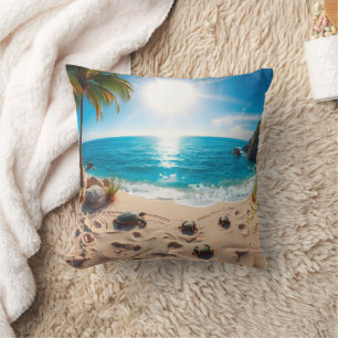 Coussin Tortue de mer à l'aquarelle sarcelle Zen côtier