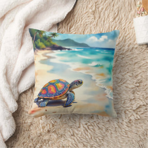 Coussin Tortue de mer à l'aquarelle sur une plage