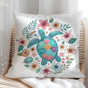 Coussin Tortue de mer florale turquoise bohème - Côtière