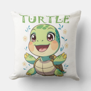 Coussin Tortue de mer joyeuse avec des fleurs pastel