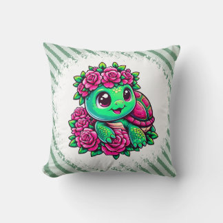 Coussin Tortue verte heureuse avec des roses roses