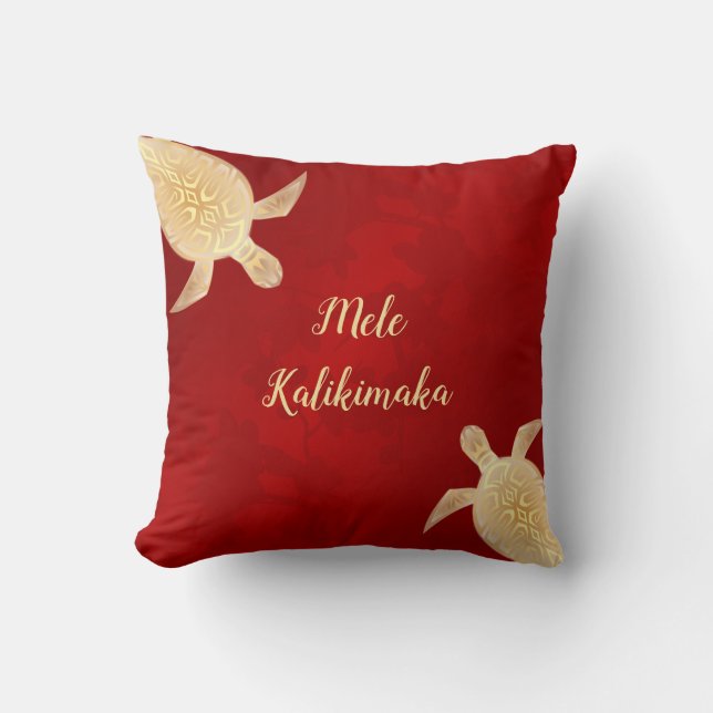 Coussin Tortues d'or Mele Kalikimaka Rouge hawaïen (Recto)