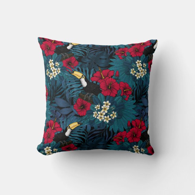 Coussin Toucans and tropical flora, green and red (Recto)