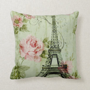 Coussin tour de l' eiffel de paris à fleurs roses de prin