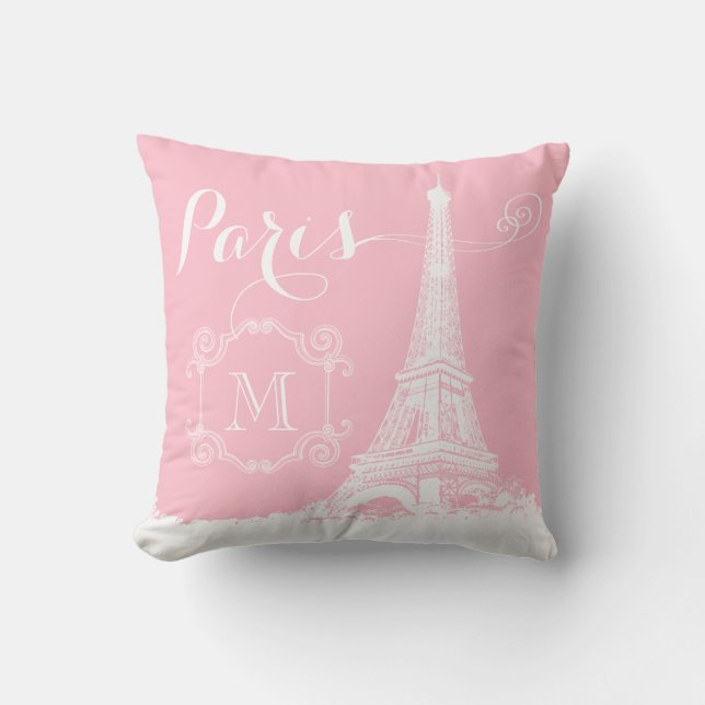 Coussin Tour Eiffel Monogramme blanc rose Girly (Recto)