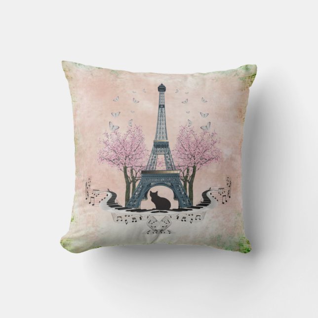 Coussin Tour Eiffel Parisienne Chat Et Fleurs De Cerisiers (Recto)