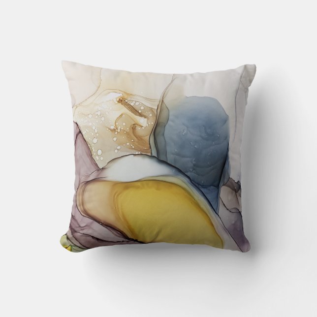 Coussin Tourbillons d'encre d'alcool, teinte jaune, abstra (Recto)
