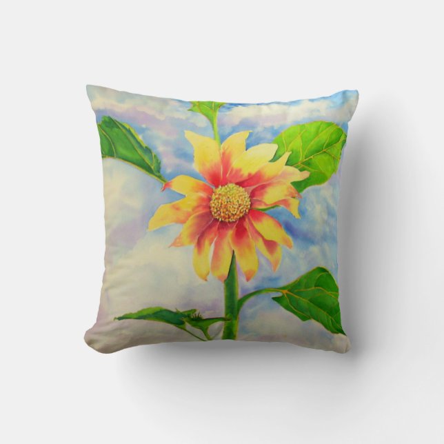 Coussin Tournesol aquarelle peinture jaune orangé floral (Recto)