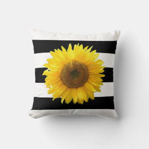 Coussin Tournesol élégant sur plaid rayé noir et blanc P
