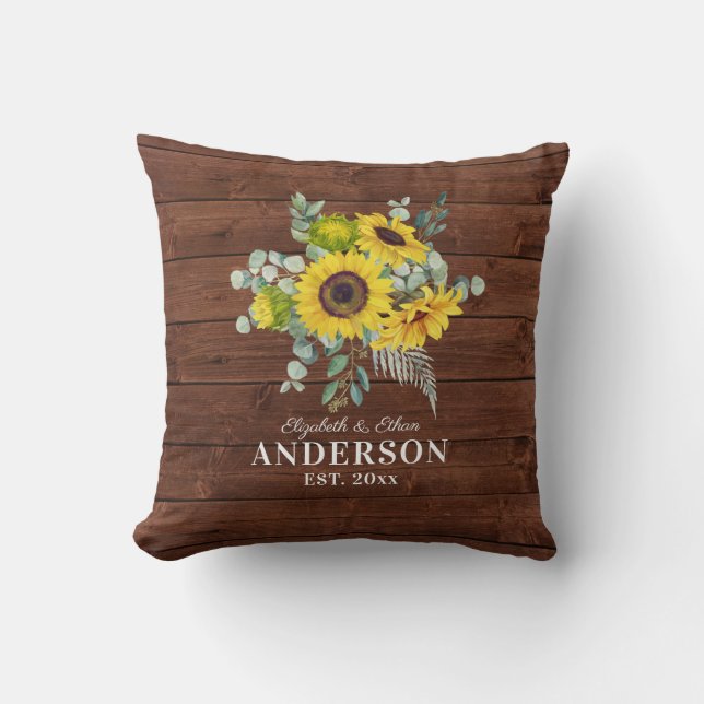 Coussin Tournesol en bois rustique M. Mme Newlyhed (Recto)
