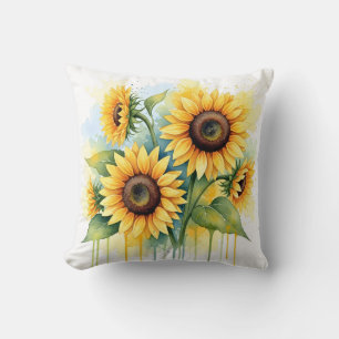 Coussin Tournesol jaune vibrant à l'aquarelle goutte