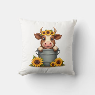Coussin Tournesol Vintage Vache Highland dans Seau Floral