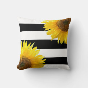 Coussin Tournesols élégants sur rayures noires et blanches