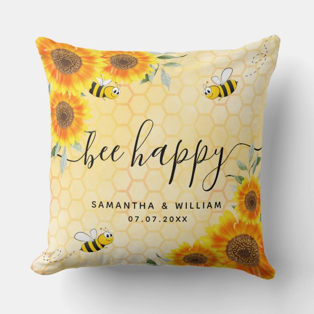 Coussin Tournesols jaunes abeilles couple marié rustique (Recto)