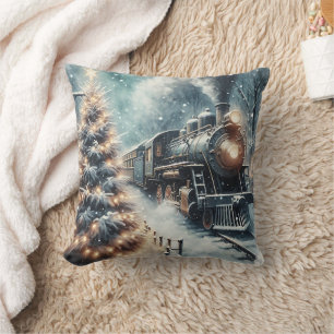 Coussin Train à l'ancienne et scène d'hiver Vintage